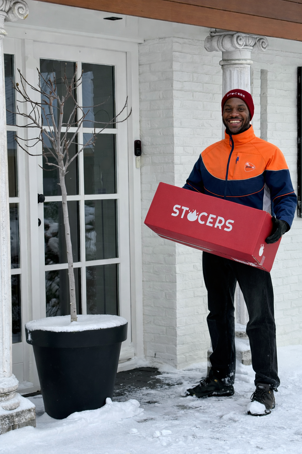 Bezorger staat met rode doos aanmaakblokjes bij de deur