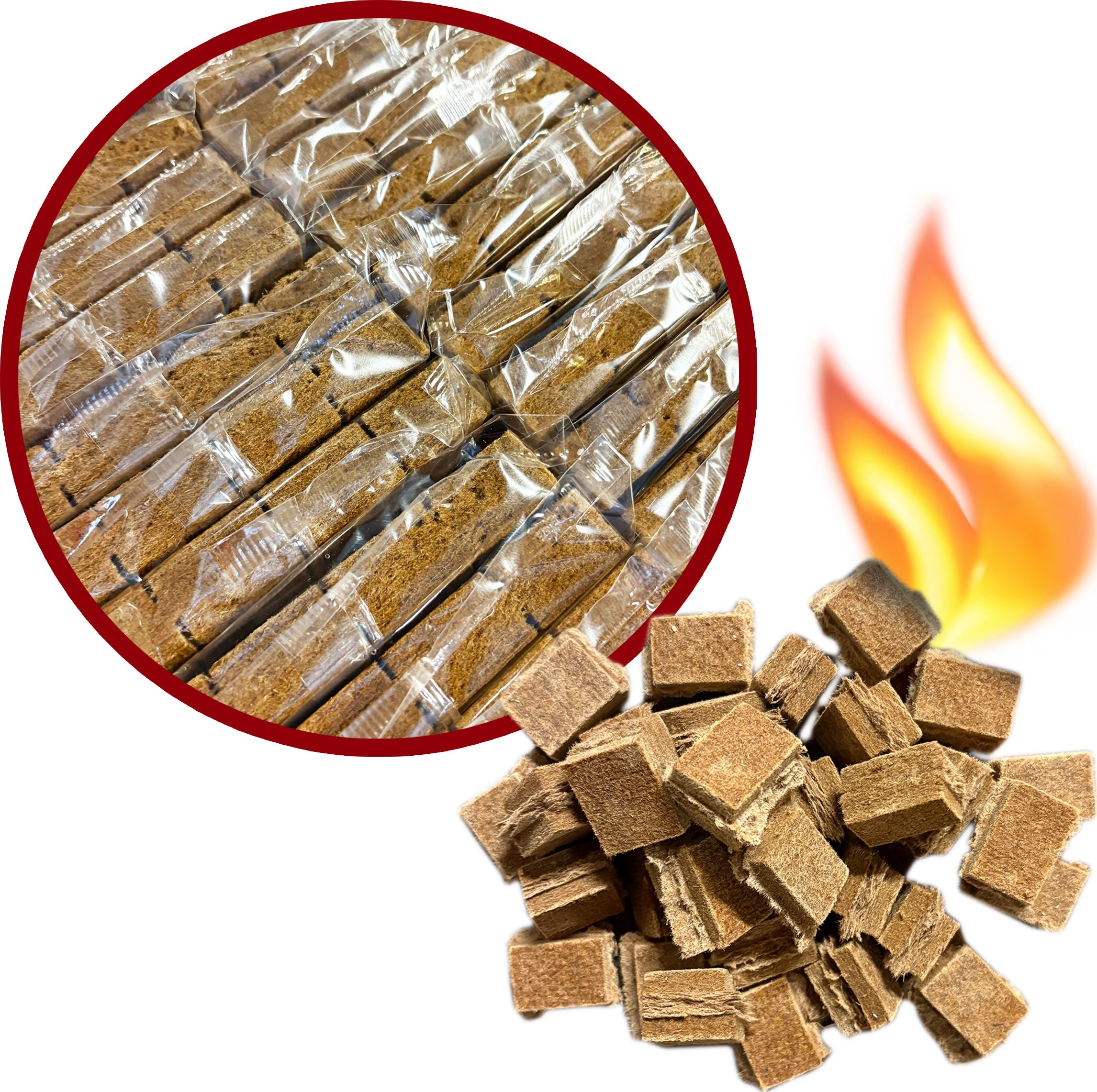 Veel aanmaakblokjes in een doos en brandende aanmaakblokjes